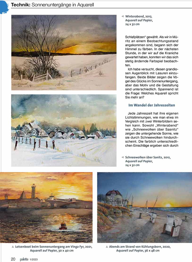 Farbspiele der Natur – Sonnenuntergänge in Aquarell ein Artikel von Frank Koebsch in dem Palette Magazin 1 – 2023 Seite 20
